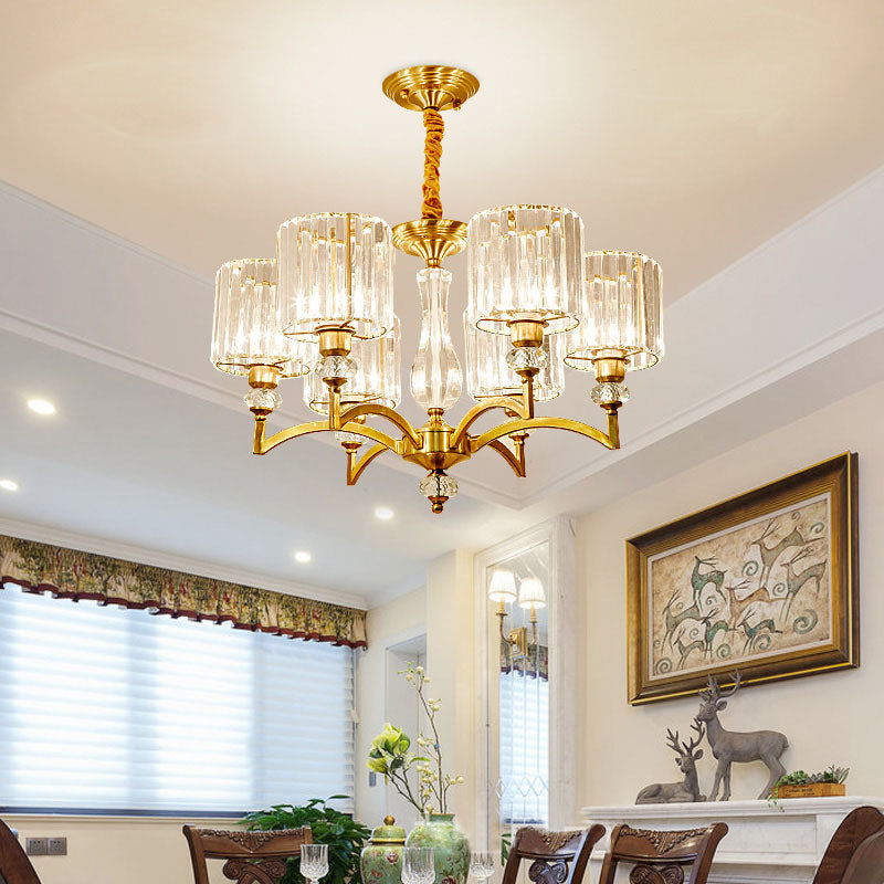 Contemporary Cylinder Chandelier With Crystal Facets - Brass Pendant Ceiling Light