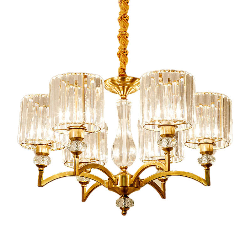 Contemporary Cylinder Chandelier With Crystal Facets - Brass Pendant Ceiling Light