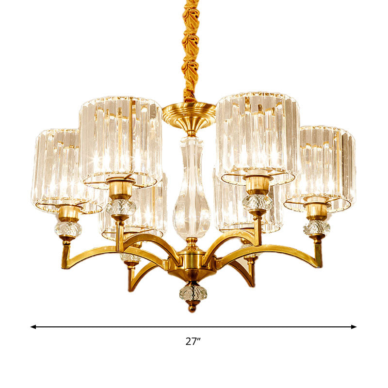 Contemporary Cylinder Chandelier With Crystal Facets - Brass Pendant Ceiling Light