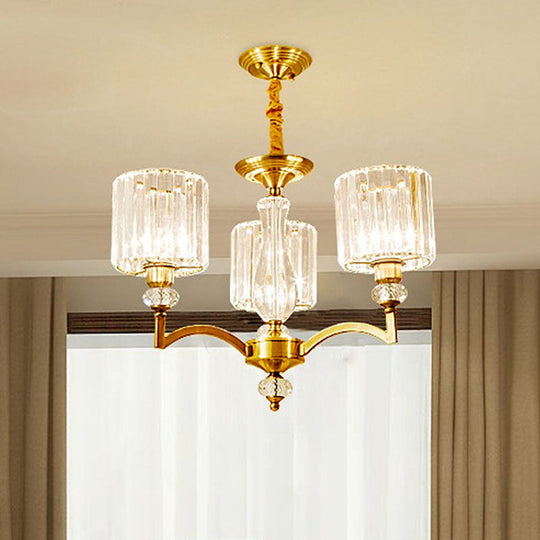 Contemporary Faceted Crystal Cylinder Chandelier - Brass Ceiling Pendant Light with 3/6/8 Bulbs - 23.5"/27"/33.5" Wide