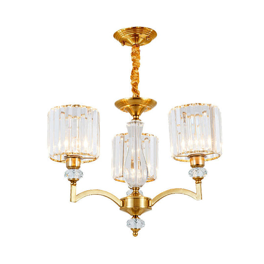 Contemporary Cylinder Chandelier With Crystal Facets - Brass Pendant Ceiling Light