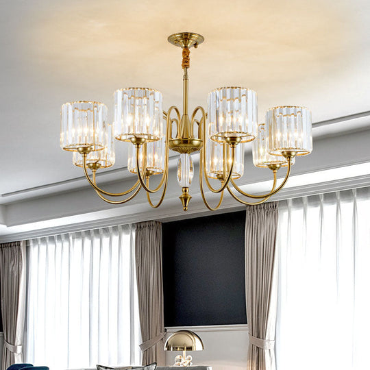 Contemporary Brass Cylinder Ceiling Chandelier with Crystal Facets - 3/5/6 Head Pendant Light