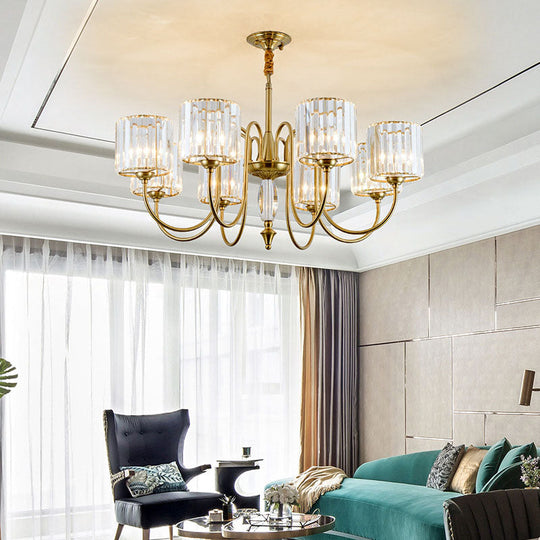 Contemporary Brass Cylinder Ceiling Chandelier with Crystal Facets - 3/5/6 Head Pendant Light