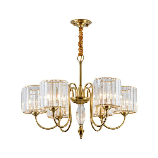 Contemporary Crystal Cylinder Ceiling Chandelier With Brass Pendant - 3/5/6 Heads