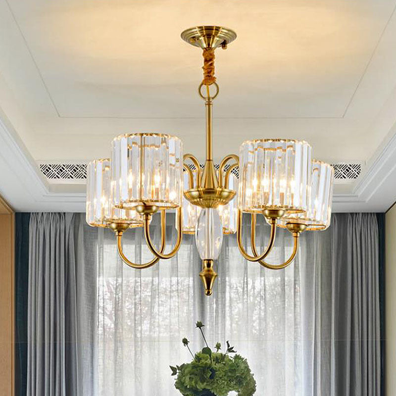 Contemporary Brass Cylinder Ceiling Chandelier with Crystal Facets - 3/5/6 Head Pendant Light