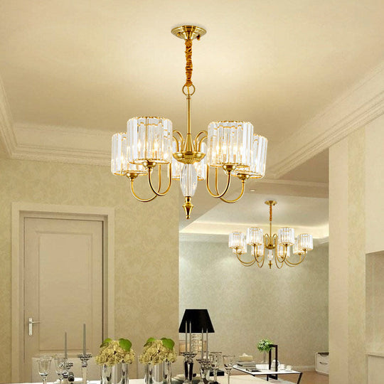 Contemporary Crystal Cylinder Ceiling Chandelier With Brass Pendant - 3/5/6 Heads