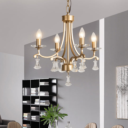 Modern Brass Starburst Chandelier - 4 Bulb Metal Pendant Light with Crystal Drop