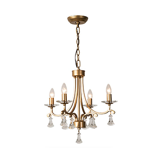 Modern Brass Starburst Chandelier - 4 Bulb Metal Pendant Light with Crystal Drop