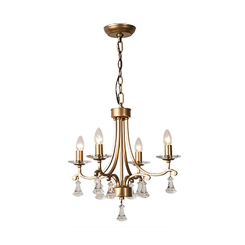 Modern Brass Starburst Chandelier With Crystal Drop - 4 Bulb Metal Pendant Light