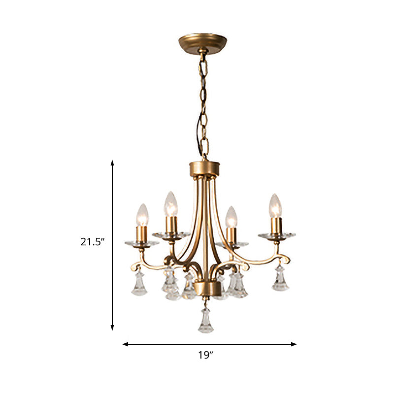 Modern Brass Starburst Chandelier - 4 Bulb Metal Pendant Light with Crystal Drop