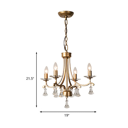 Modern Brass Starburst Chandelier - 4 Bulb Metal Pendant Light with Crystal Drop