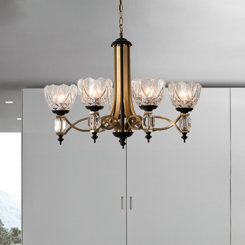 Brass Dome Chandelier With Clear Glass Shades - Modern 5 Heads Pendant Light Fixture