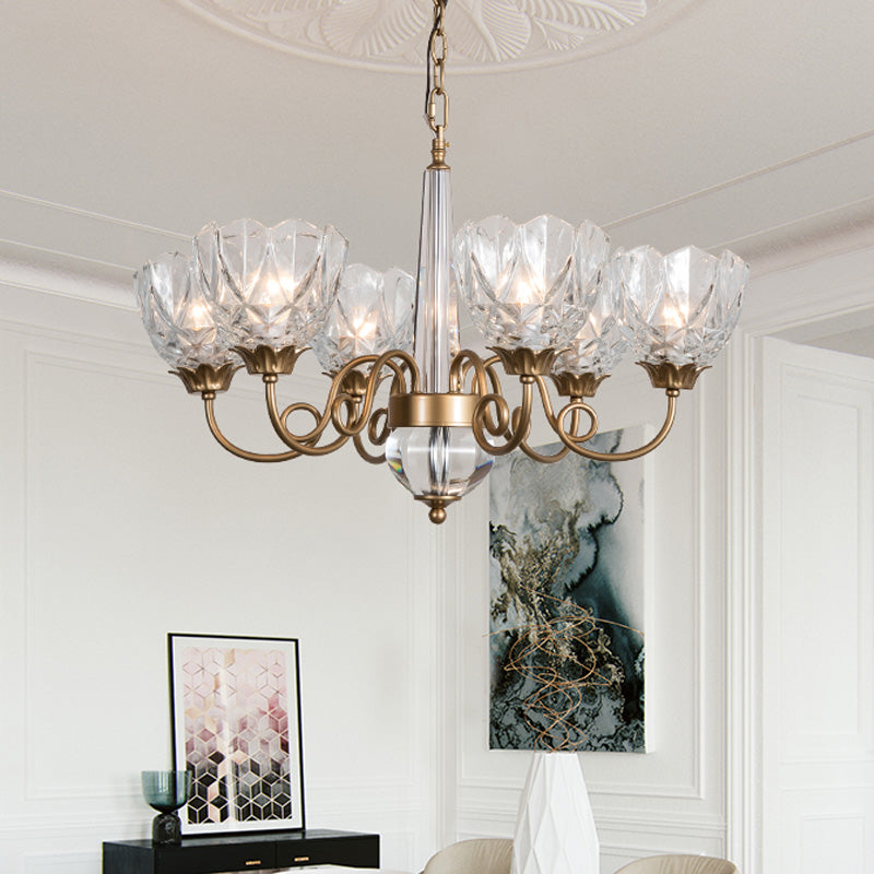 6-Head Brass Chandelier With Clear Glass Shades And Curved Metal Arm - Contemporary Ceiling Pendant