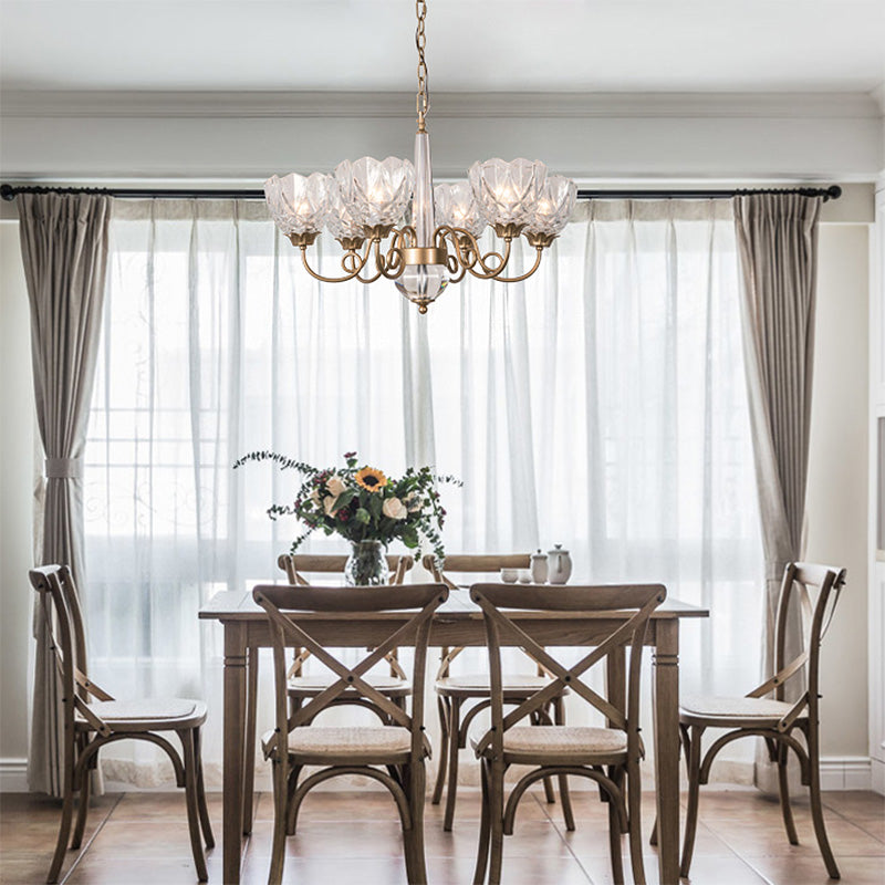 6-Head Brass Chandelier With Clear Glass Shades And Curved Metal Arm - Contemporary Ceiling Pendant