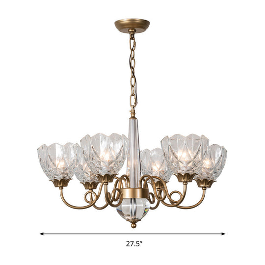 Contemporary Brass Bowl Pendant Chandelier - 6 Heads Ceiling Hanging Light with Clear Glass and Curved Metal Arm