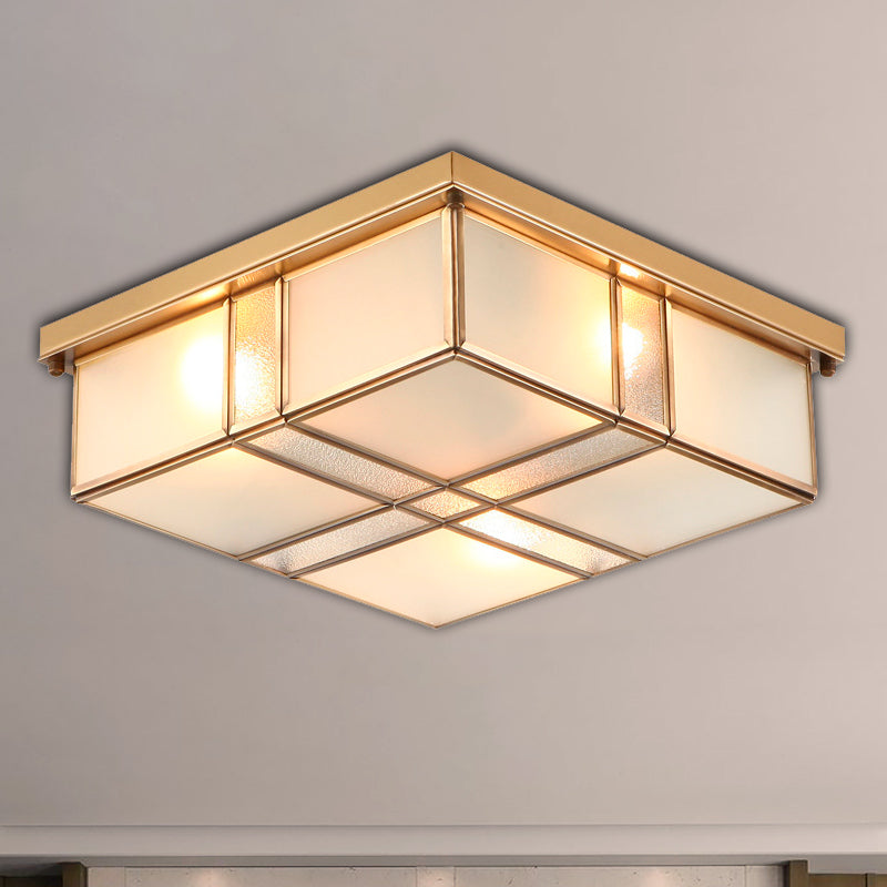 Vintage Brass Square Flush Mount Light with Frosted Glass Shades - Perfect for Bedrooms and Hallways