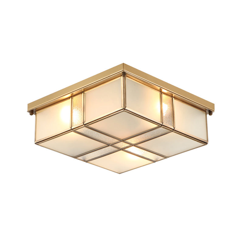 Vintage Brass Square Bedroom Ceiling Light With Frosted Glass - 3/4 Lights Flush Mount Fixture