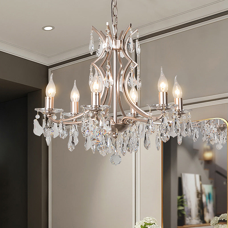 Modern Crystal Droplet Chandelier Lamp - 6-Head Satin Nickel Suspension Pendant Light for Bedroom