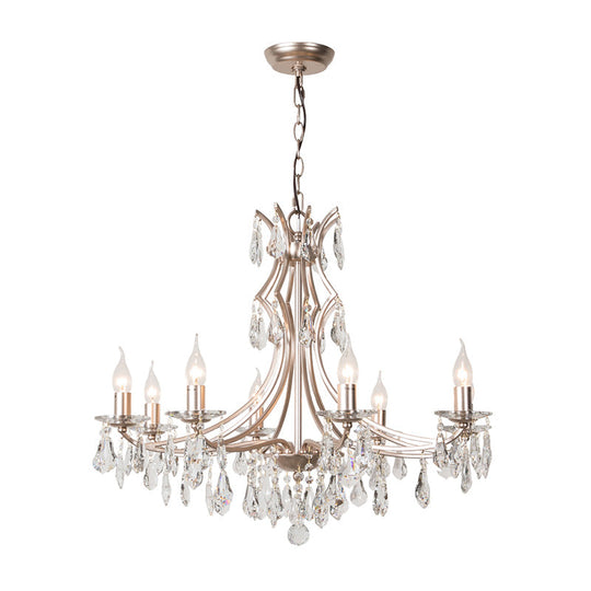 Modern Crystal Droplet Chandelier Lamp - 6-Head Satin Nickel Suspension Pendant Light for Bedroom