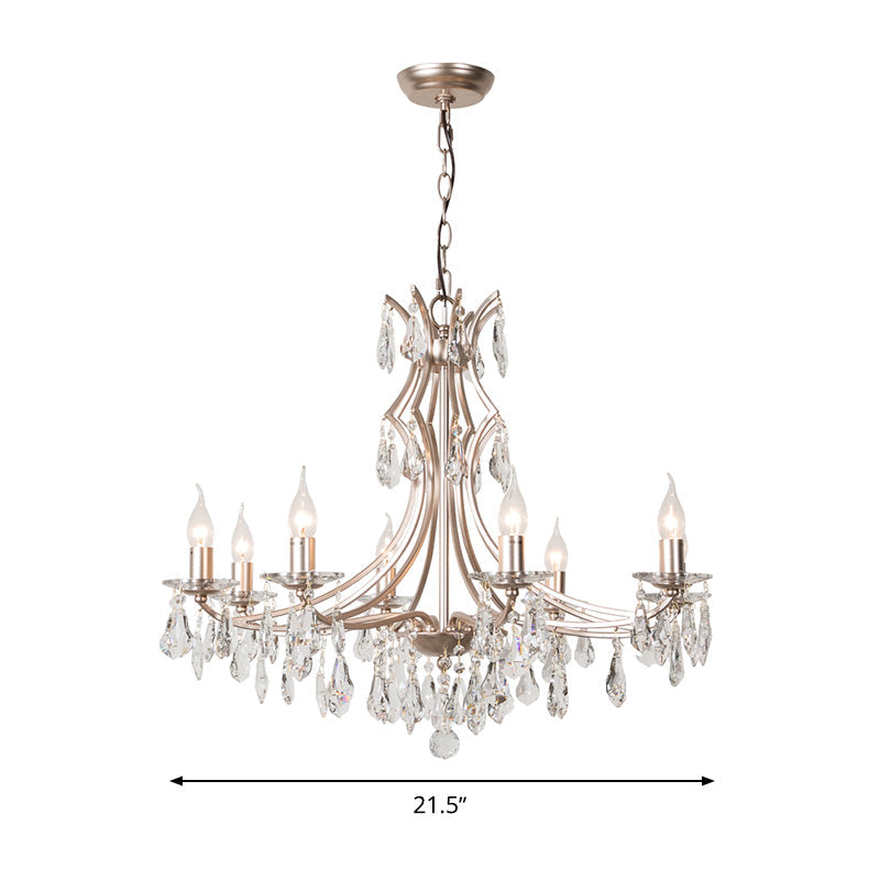 Modern Crystal Droplet Chandelier Lamp - 6-Head Satin Nickel Suspension Pendant Light for Bedroom