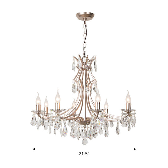 Modern Crystal Droplet Chandelier Lamp - 6 Head Satin Nickel Pendant Light For Bedroom