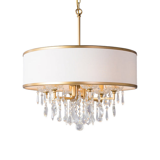 Modern Drum Ceiling Chandelier: Fabric Shade 6 Bulb Brass Pendant Light With Crystal Droplet