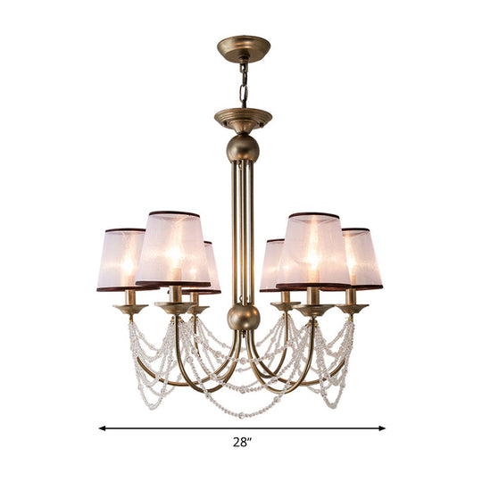 Contemporary Conical Pendant Chandelier With Crystal Bead - Brass Hanging Light Fixture 3/6 Fabric