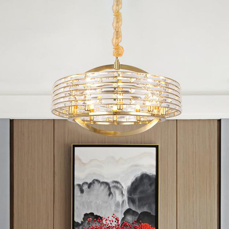 Contemporary Crystal Chandelier: 6-Head Round Ceiling Hanging Light In Brass