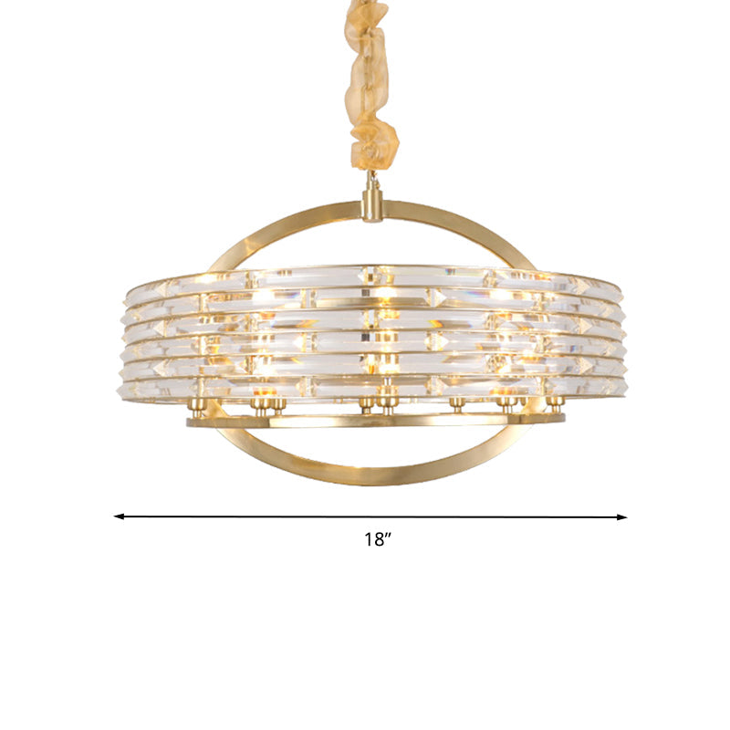 Contemporary Crystal Chandelier: 6-Head Round Ceiling Hanging Light In Brass