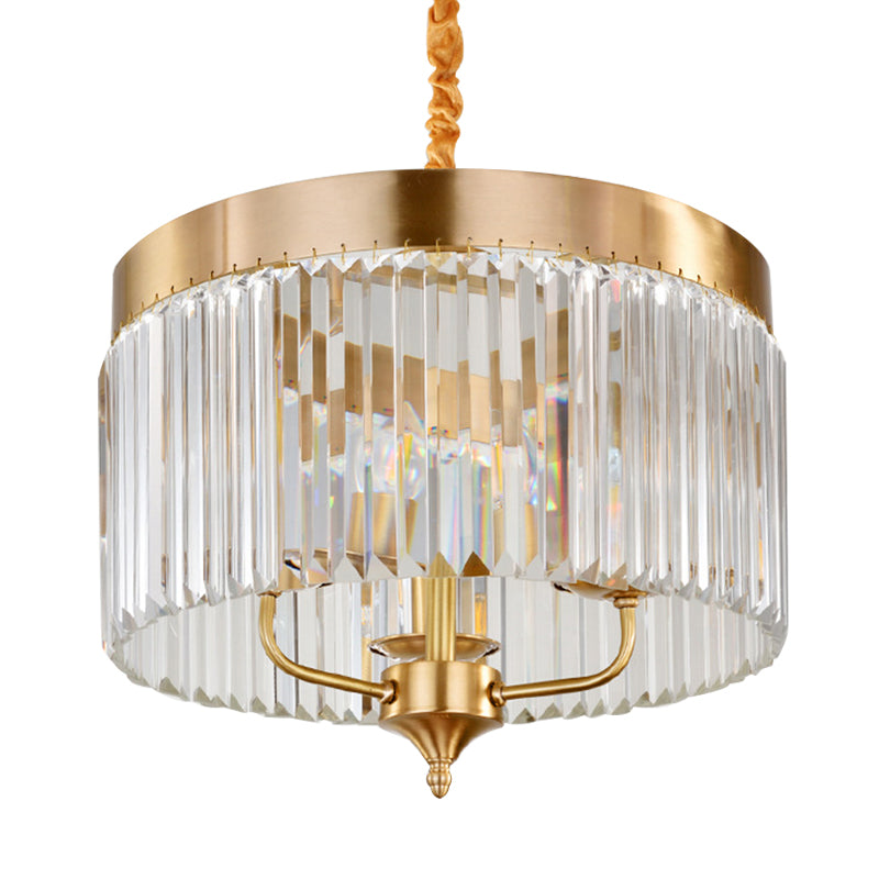 Modern Brass Drum Pendant Chandelier With Faceted Crystal - 3-Bulb Ceiling Hanging Light