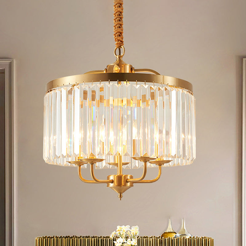 Modernist Brass Hanging Pendant Light With Curved Metal Arm - Crystal Cylinder Chandelier 4 Heads