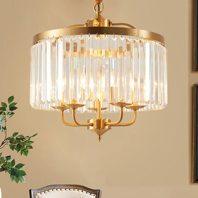 Modern Crystal Cylinder Chandelier Pendant Light - 4 Heads, Brass Finish, Curved Metal Arm