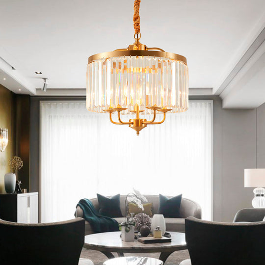 Modern Crystal Cylinder Chandelier Pendant Light - 4 Heads, Brass Finish, Curved Metal Arm