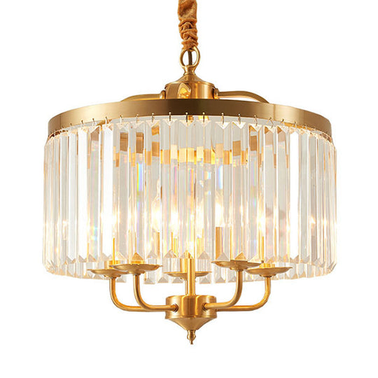 Modern Crystal Cylinder Chandelier Pendant Light - 4 Heads, Brass Finish, Curved Metal Arm