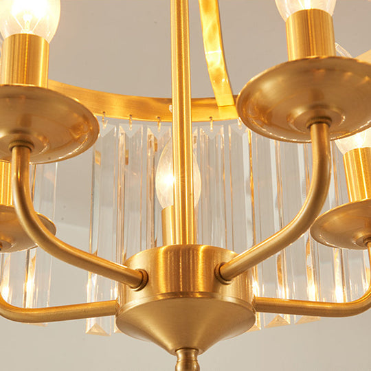 Modern Crystal Cylinder Chandelier Pendant Light - 4 Heads, Brass Finish, Curved Metal Arm