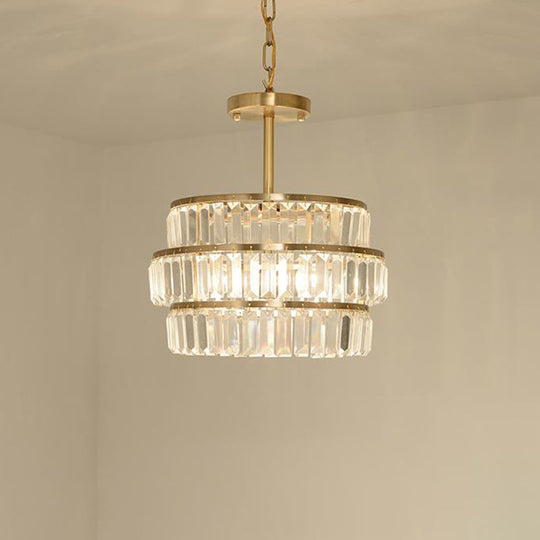 Modernist Brass Layered Ceiling Chandelier with Crystal Suspension - 3 Bulbs Pendant Light