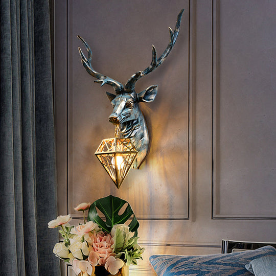 Elk Resin Wall Sconce Lamp - Lodge Style Indoor Bronze Mount Light With Diamond Cage Shade 14.5/19.5