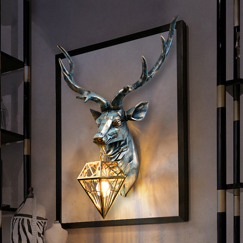 Elk Resin Wall Sconce Lamp - Lodge Style Indoor Bronze Mount Light With Diamond Cage Shade 14.5/19.5