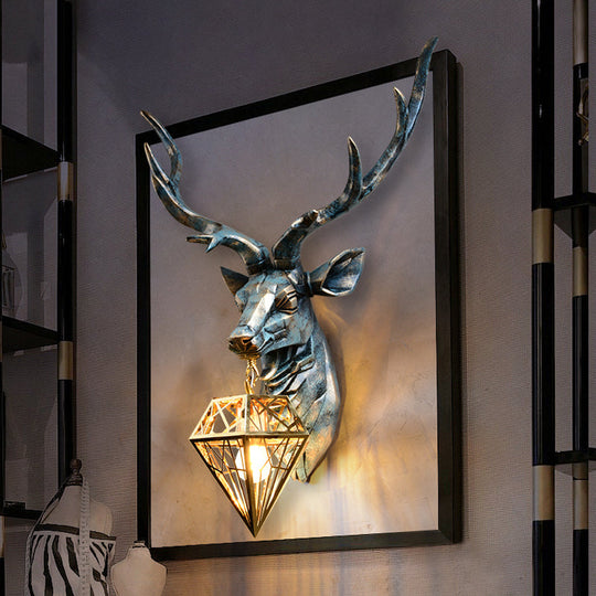 Elk Resin Wall Sconce Lamp - Lodge Style Indoor Bronze Mount Light With Diamond Cage Shade 14.5/19.5