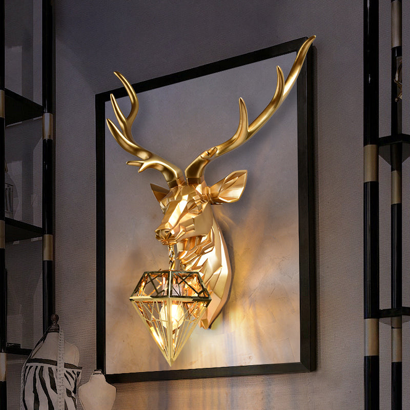 Stylish Deer Wall Mount Light With Diamond Shade - Lodge Resin Fixture 1 Head 14.5/19.5 W