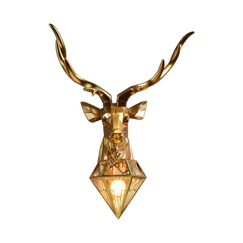 Stylish Deer Wall Mount Light With Diamond Shade - Lodge Resin Fixture 1 Head 14.5/19.5 W