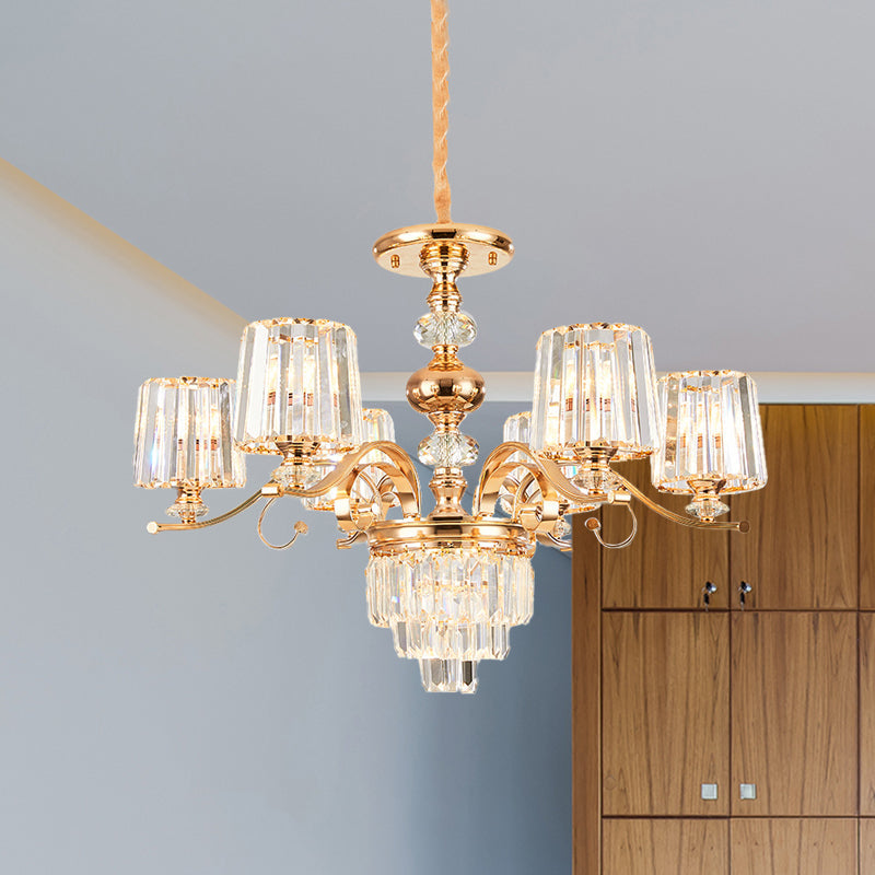 Gold Crystal Shade Chandelier Pendant Light - Contemporary 6/8 Bulbs Tapered Ceiling Hanging Design