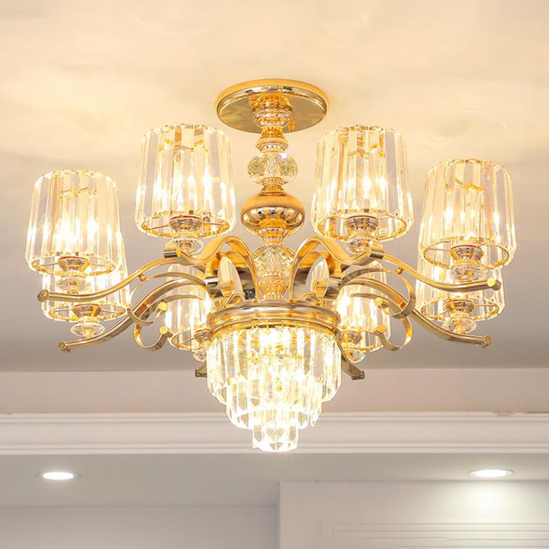 Gold Crystal Shade Chandelier Pendant Light - Contemporary 6/8 Bulbs Tapered Ceiling Hanging Design