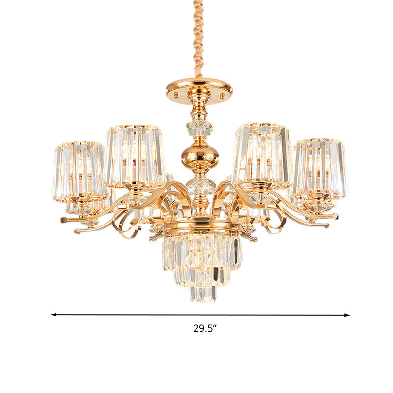 Gold Crystal Shade Chandelier Pendant Light - Contemporary 6/8 Bulbs Tapered Ceiling Hanging Design