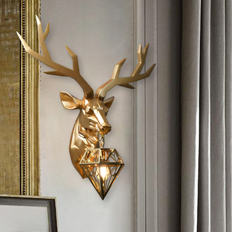 Loft Style Elk Resin Wall Lamp With Diamond Cage Shade - Black/White/Gold Sconce Light 14.5/19.5 W