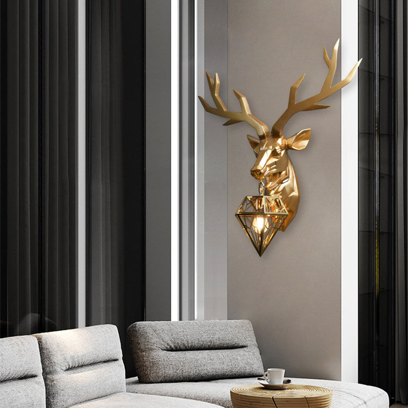 Loft Style Elk Resin Wall Lamp With Diamond Cage Shade - Black/White/Gold Sconce Light 14.5/19.5 W