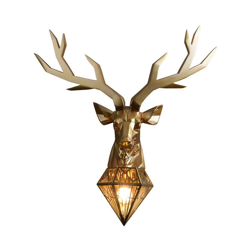 Loft Style Elk Resin Wall Lamp With Diamond Cage Shade - Black/White/Gold Sconce Light 14.5/19.5 W