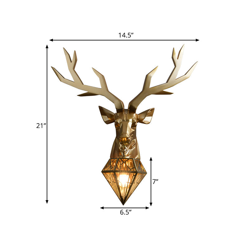 Loft Style Elk Resin Wall Lamp With Diamond Cage Shade - Black/White/Gold Sconce Light 14.5/19.5 W