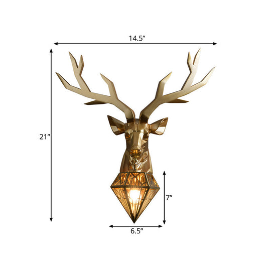 Loft Style Elk Resin Wall Lamp With Diamond Cage Shade - Black/White/Gold Sconce Light 14.5/19.5 W