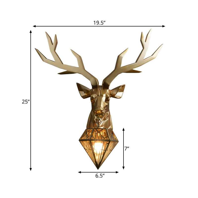 Loft Style Elk Resin Wall Lamp With Diamond Cage Shade - Black/White/Gold Sconce Light 14.5/19.5 W